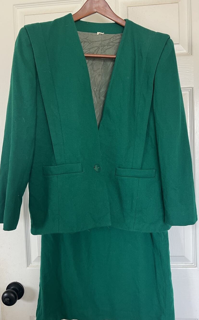 VTG Michelle Stuart Skirt Suit Emerald Green Collarless Blazer Pencil Skirt 4 S